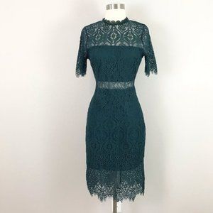 Lulu's Remarkable Forest Green Lace Dress Sheath Sheer Sexy Stretch Mini Small S